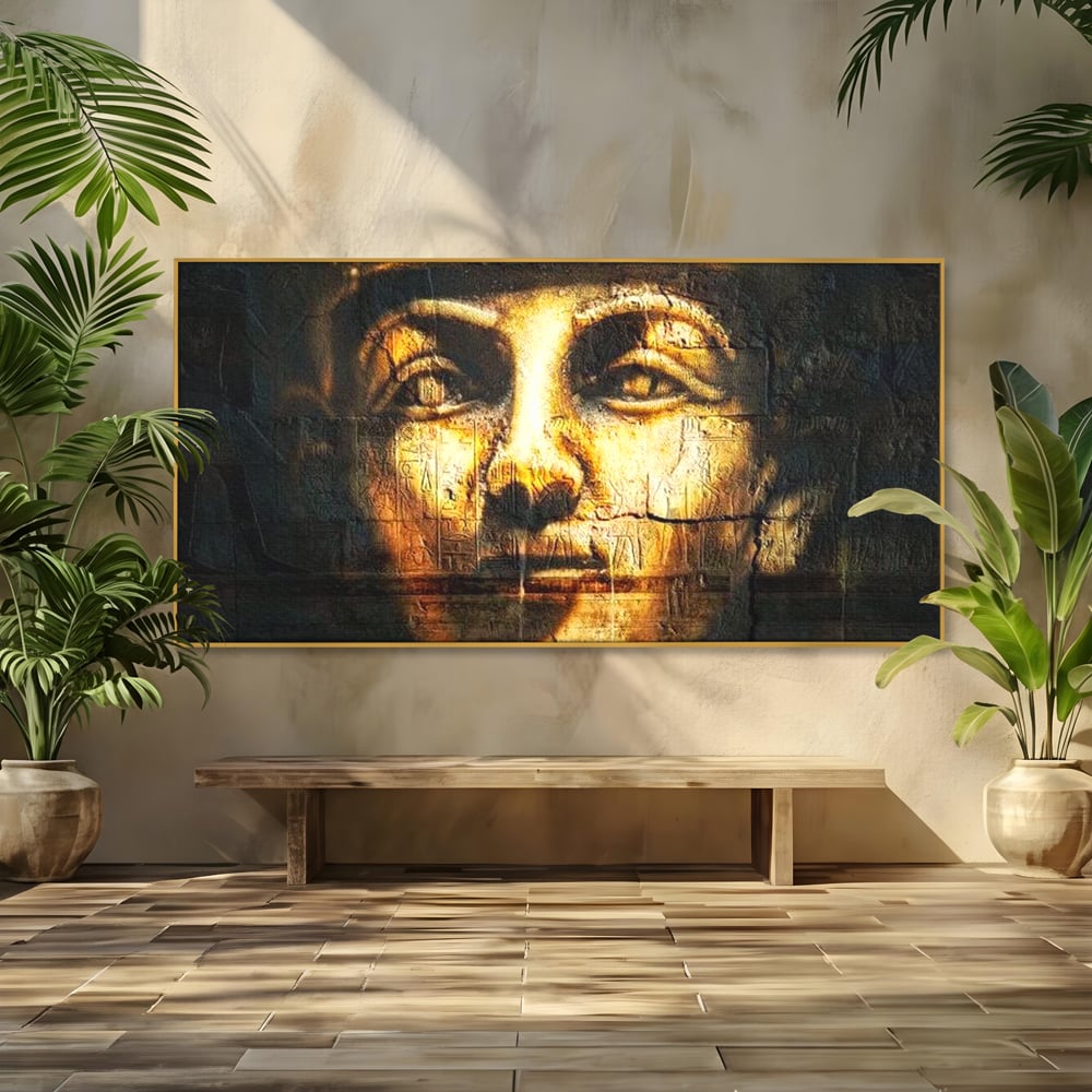 Tablou canvas cu tablou canvas cu chipul unui faraon, in rama de aluminiu auriu